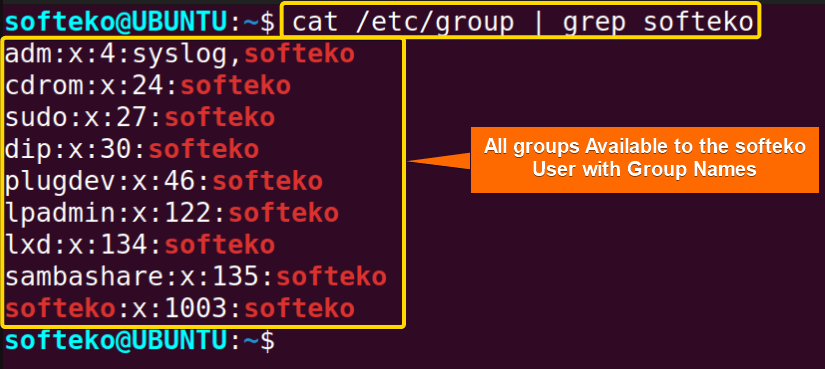 showing all groups and gids with grep command