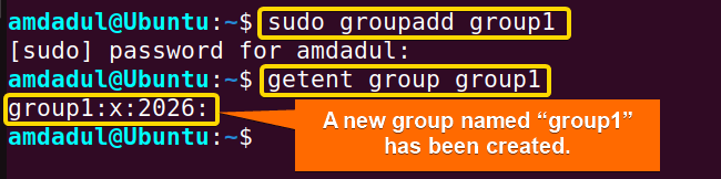 Showing the creation of a new group named group1 with the groupadd command.