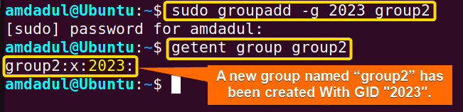 Showing the creation of a new group named group2 (GID 2023) with the groupadd command.