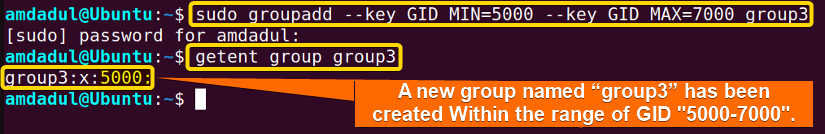 Showing the creation of a new group named group3 with a GID range from 5000 to 7000 with the groupadd command.