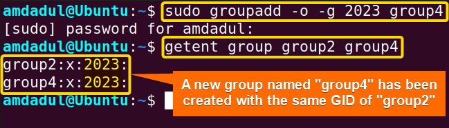 Showing the creation of a new group named group4 with the GID of group2 with groupadd command.