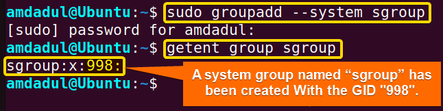 showing the creation of system group named "sgroup".