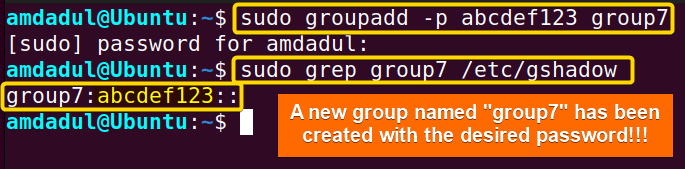 Showing the creation of group7 with desired password.