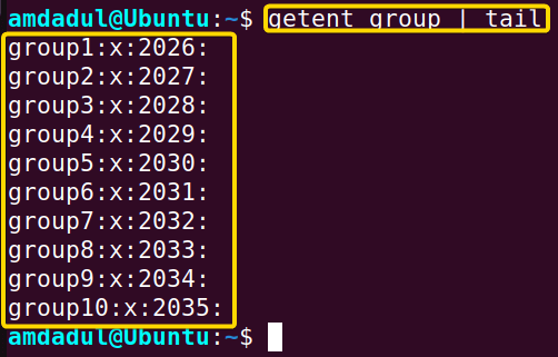 Showing the last ten groups in my system database.