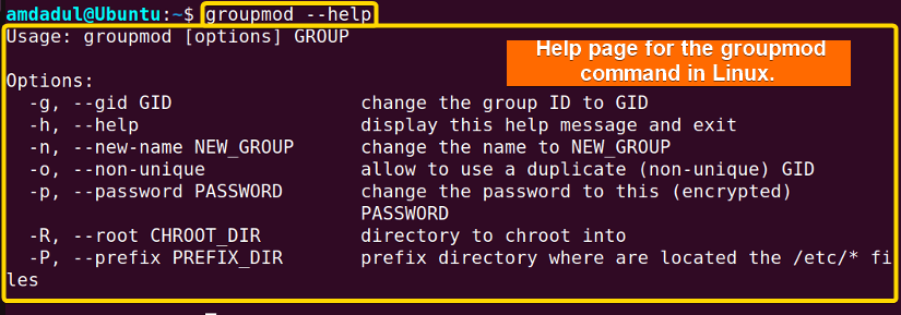 Showing the help page for the groupmod command in linux.