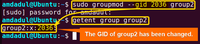 Showing that the GID of group2 is replaced with the GID "2036" with groupmod command in linux.