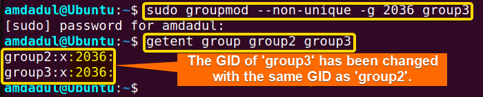 Showing that the GID of group3 has changed with the same GID as group2 with groupmod command in linux. 