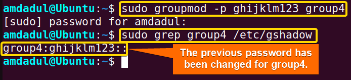 Showing the process of changing password of group4 with groupmod command in linux.