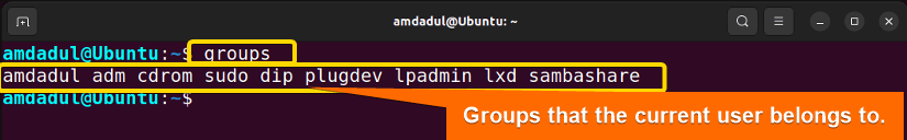 Picture showing groups of current user using groups command in linux