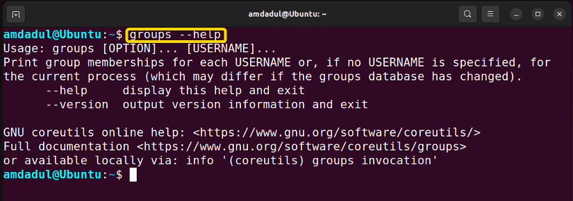 Picture showing the help page of the groups command in linux.
