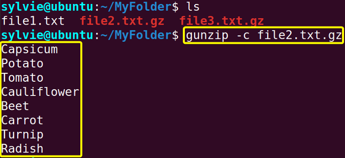 Display the Contents of the Compressed File Using the “gunzip” Command in Linux