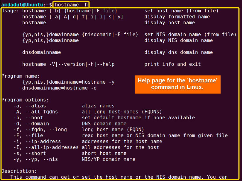 Showing the help page for the hostname command in Linux.