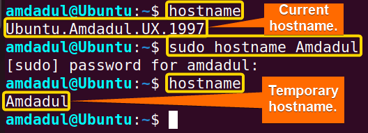 Showing the permanent and temporary hostnames using hostname command in linux.