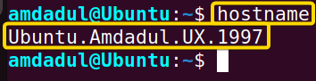 Showing that the hostname of my machine has reverted back to the previous one (Ubuntu.Amdadul.UX.1997).