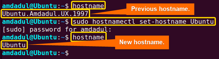 Showing that the hostname has been permanently changed from Ubuntu.Lisa.UX.1998 to Ubuntu.