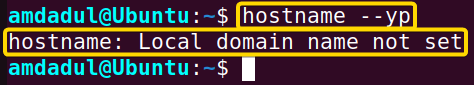 Showing the process of checking the NIS domain name in the terminal using hostname command in linux.