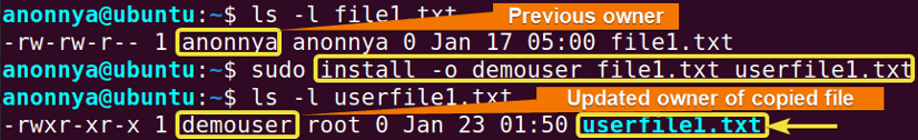 Specifying Owner of a File Using install Command in Linux.