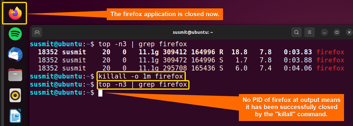 The firefox process is successfully closed using the killall command in Linux. For this reason, no PID of firefox is printed in the terminal.