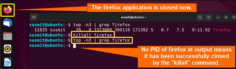 The firefox process is successfully closed by the killall command in Linux, so no PID of firefox is printed here.