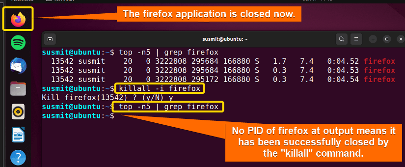 The firefox process is closed after asking for confirmation by the killall command in Linux. That is why no PID of firefox is printed in the terminal.