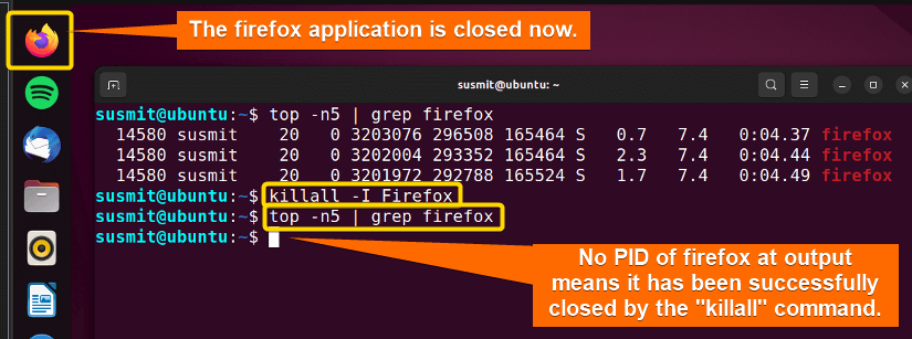 The firefox process is closed using the killall command in Linux. For this reason, no PID of firefox is printed in the terminal.