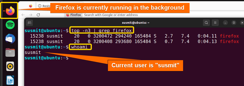 Firefox is currently running in the background. And the current user is susmit.