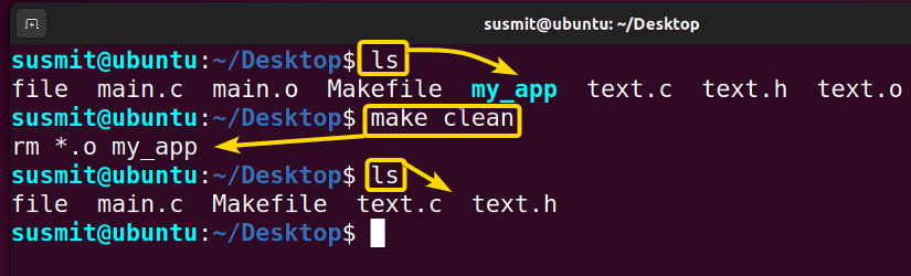 The make command has removed all object files and the my_app file.