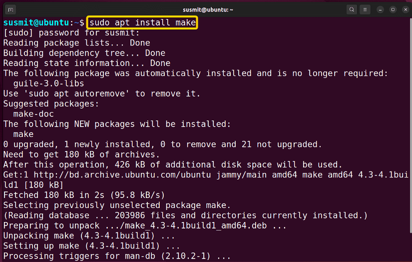 The apt-get command has installed the make command in Linux.