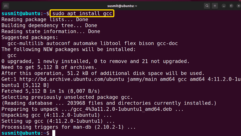 The apt-get has installed the gcc command in Linux.