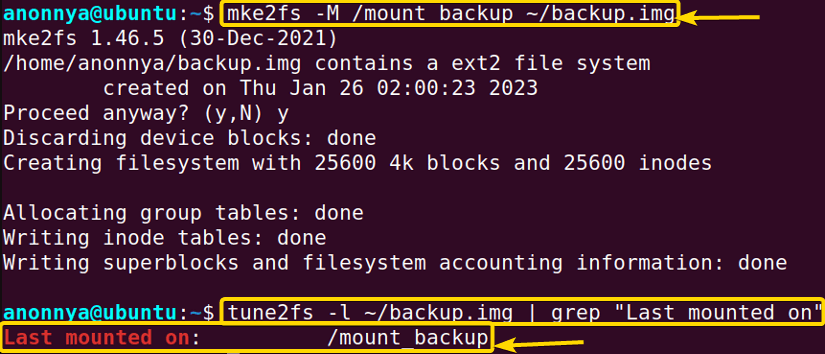 Setting the Last Mounted Directory Using the mke2fs Command in Linux.