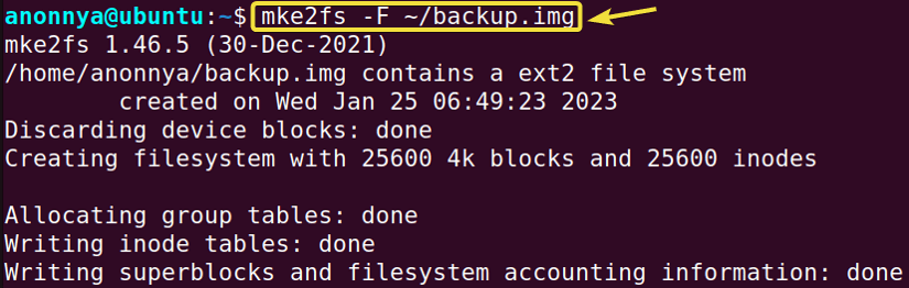 Force creating a file system using the mke2fs command in Linux.