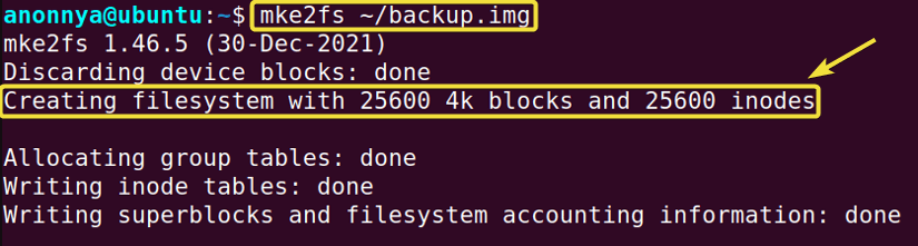 Creating a file system using the mke2fs command in Linux.