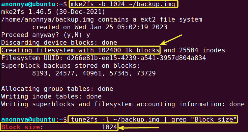 Creating a file system of a specified block size using the mke2fs command in Linux.