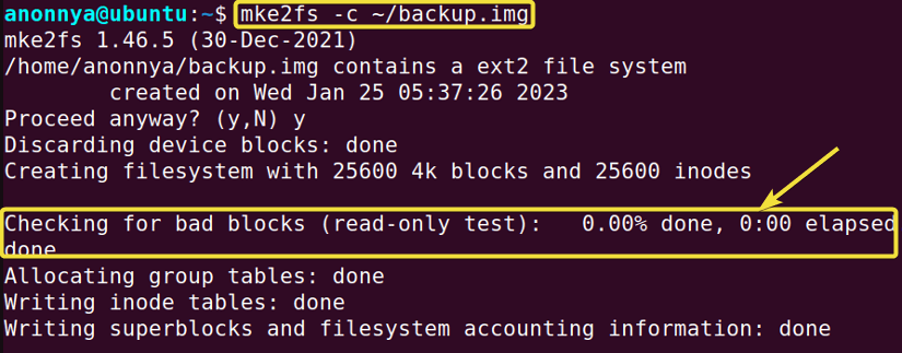 Checking for a bad block while creating a file using the mke2fs command in Linux