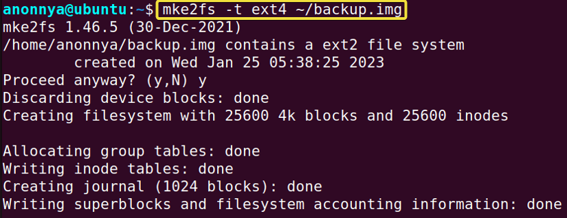 Creating a File System of Specified Type Using the mke2fs Command in Linux.