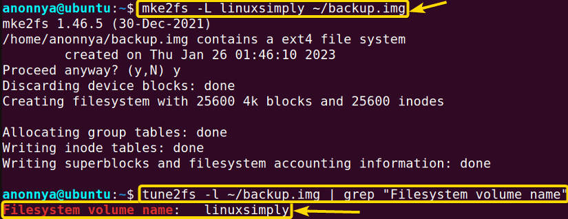 Creating a file system with a specified volume label using the mke2fs command in Linux.