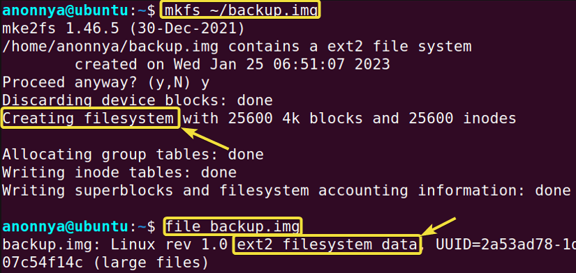 Creating a file system using the mkfs command in Linux.