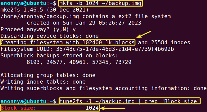 Creating a file system of a specified block size using the mkfs command in Linux.