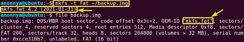 Specifying the filesystem type you want to create using the mkfs command in Linux.