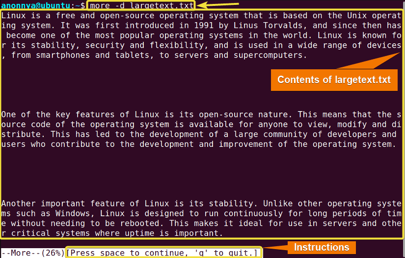Displaying File Contents With Instructions Using the more Command in Linux.