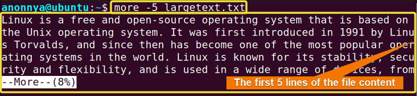 Specifying Line Numbers Per Screen Using the more Command in Linux.