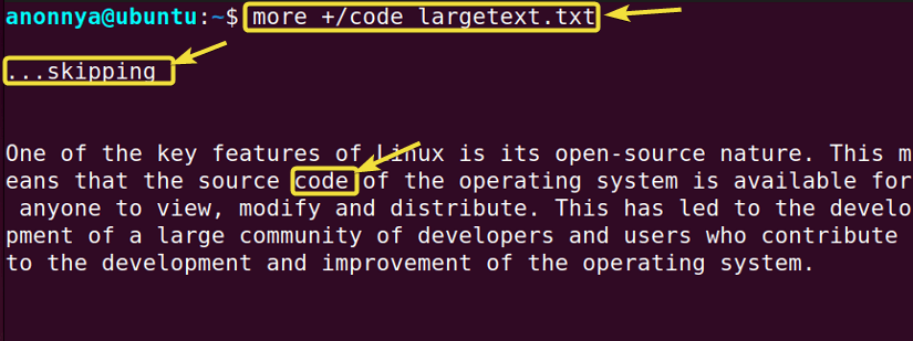 Searching for a string inside a file using the more command in Linux.