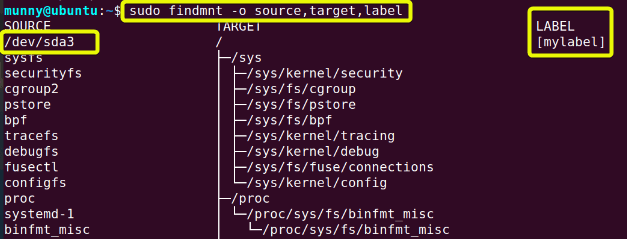 Check labels of the files using the findmnt command. 