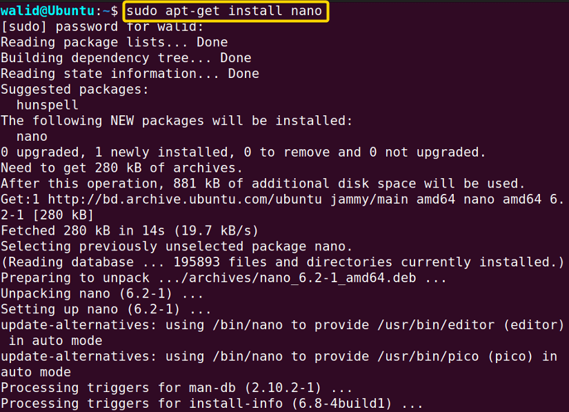 Installing nano command in Ubuntu