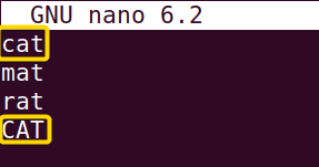 Showing the words which will be searched using the nano command in Linux