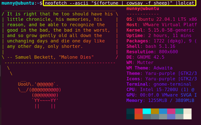 Display from cowsay file with random messages from fortune program in neofetch command output.