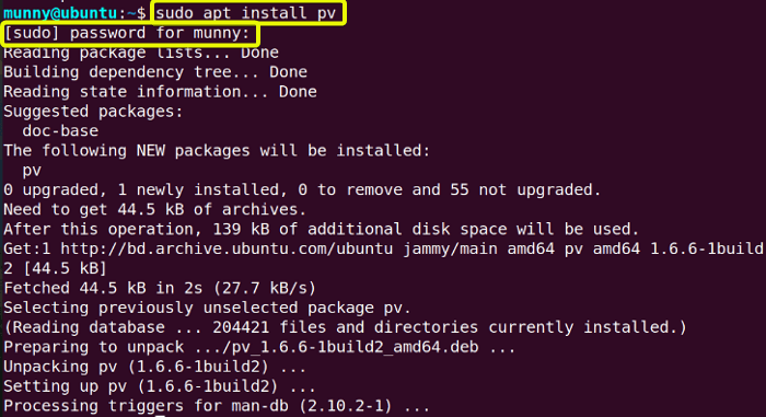 Install pv command in linux.