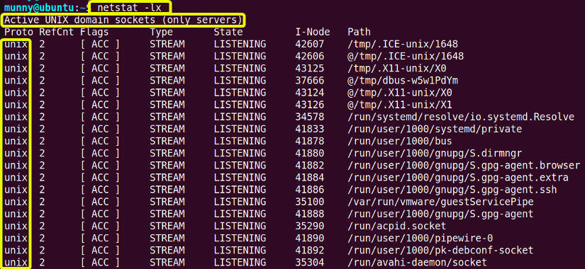 Display all active listening UNIX ports, using netstat command in linux.