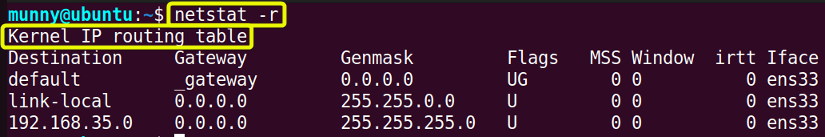 Display kernel Routing Table using netstat command in linux.