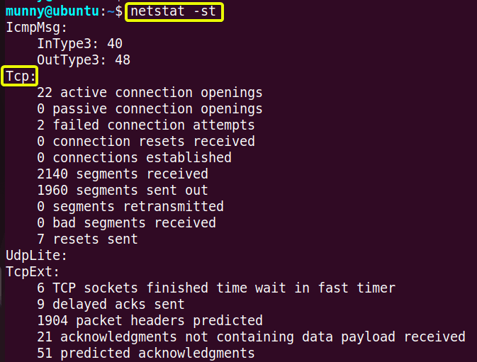 Display the statistics of all TCP ports using netstat command in linux.